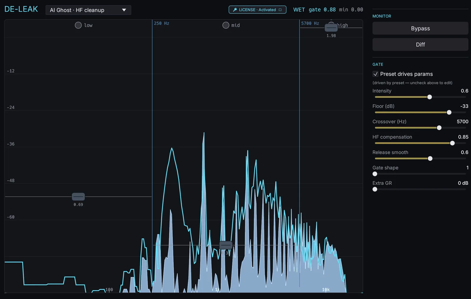de-leak-rt plug-in interface — 3-band leak gate visualization with low/mid/high frequency bands