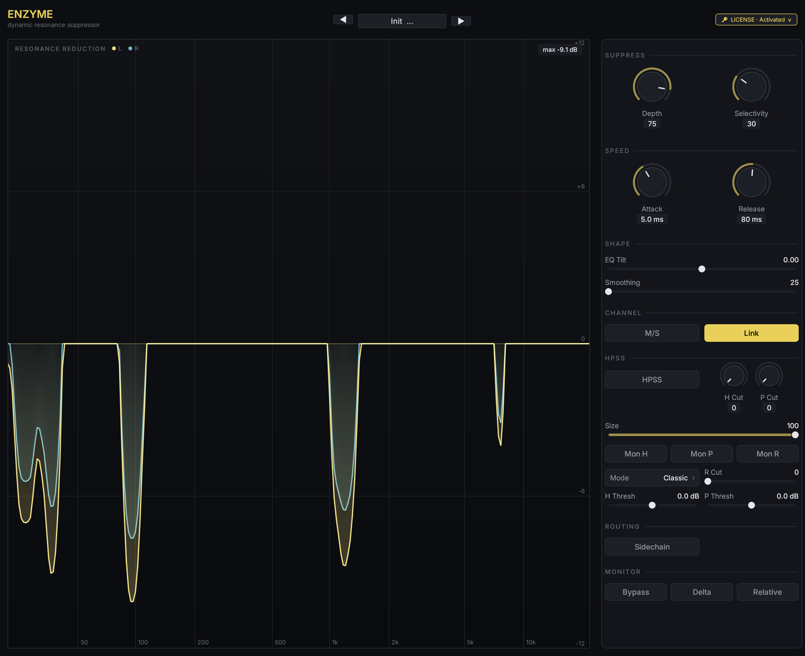 ENZYME plug-in interface — resonance reduction curve across the frequency axis with Depth, Selectivity, Attack, Release, EQ Tilt, Smoothing, channel link, HPSS section and monitor controls