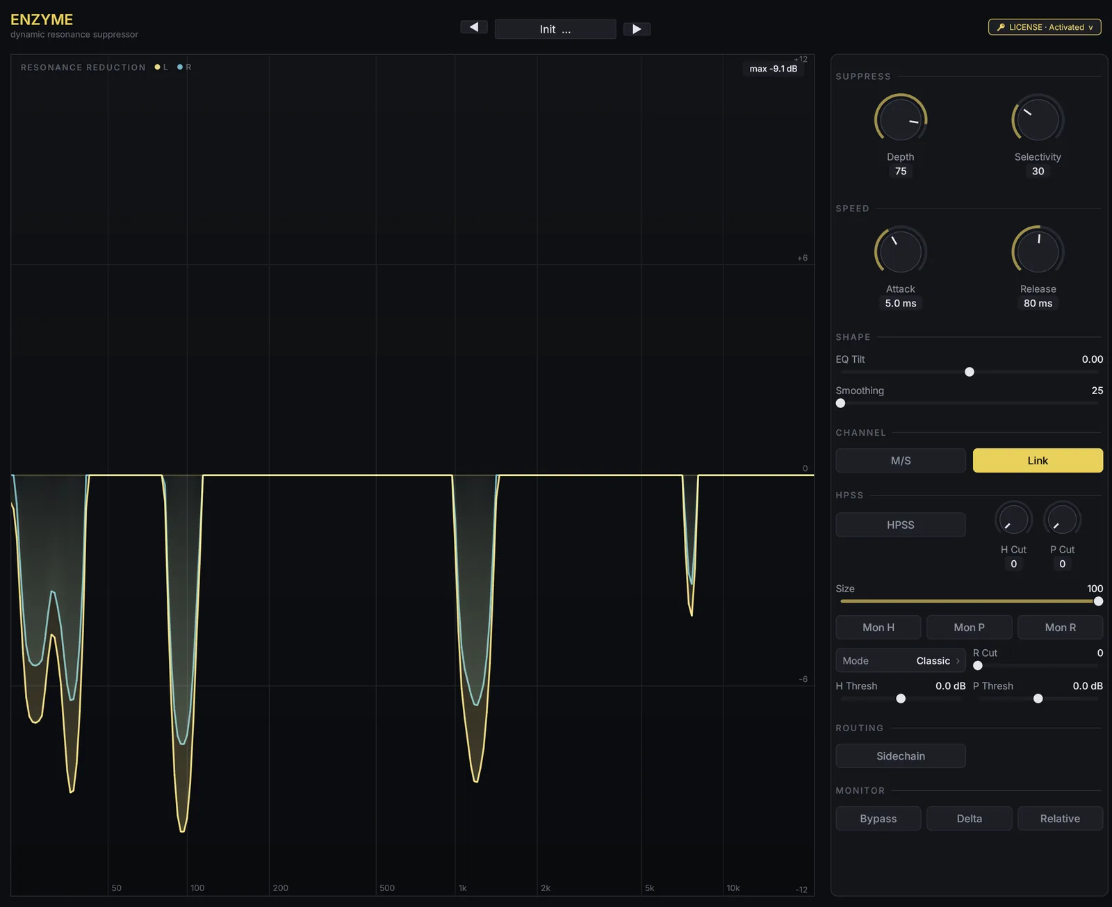 ENZYME plug-in interface — resonance reduction curve across the frequency axis with depth, selectivity and HPSS controls