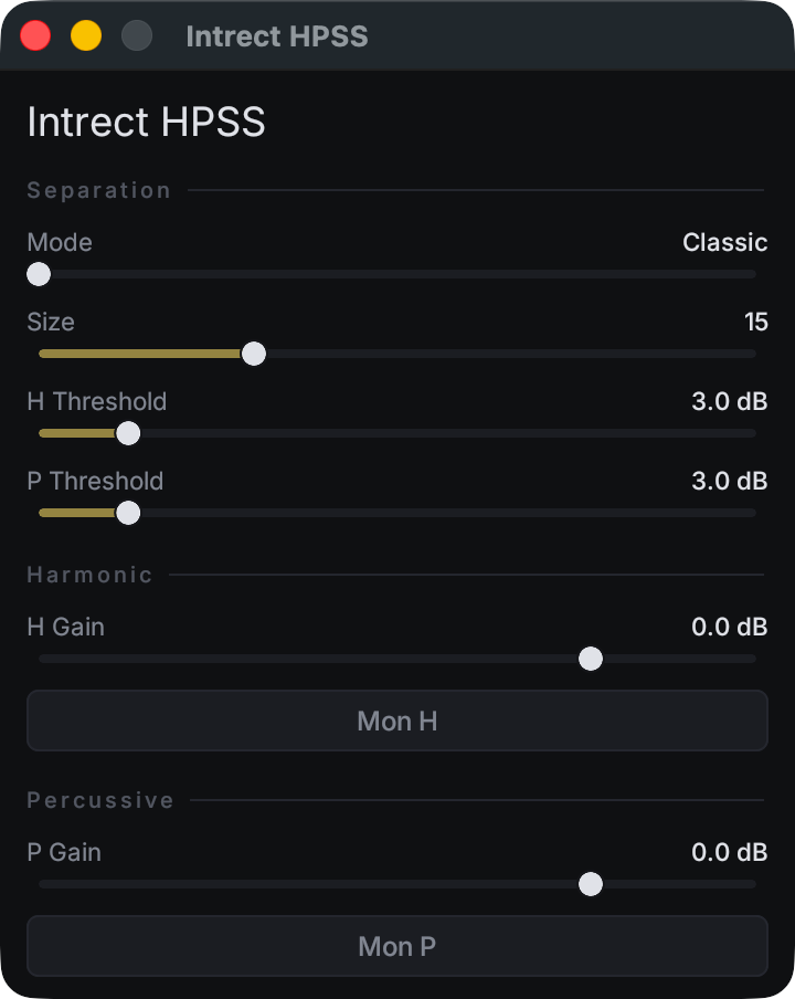 The actual Intrect HPSS standalone interface with Classic mode, separation thresholds, harmonic gain, and percussive gain controls