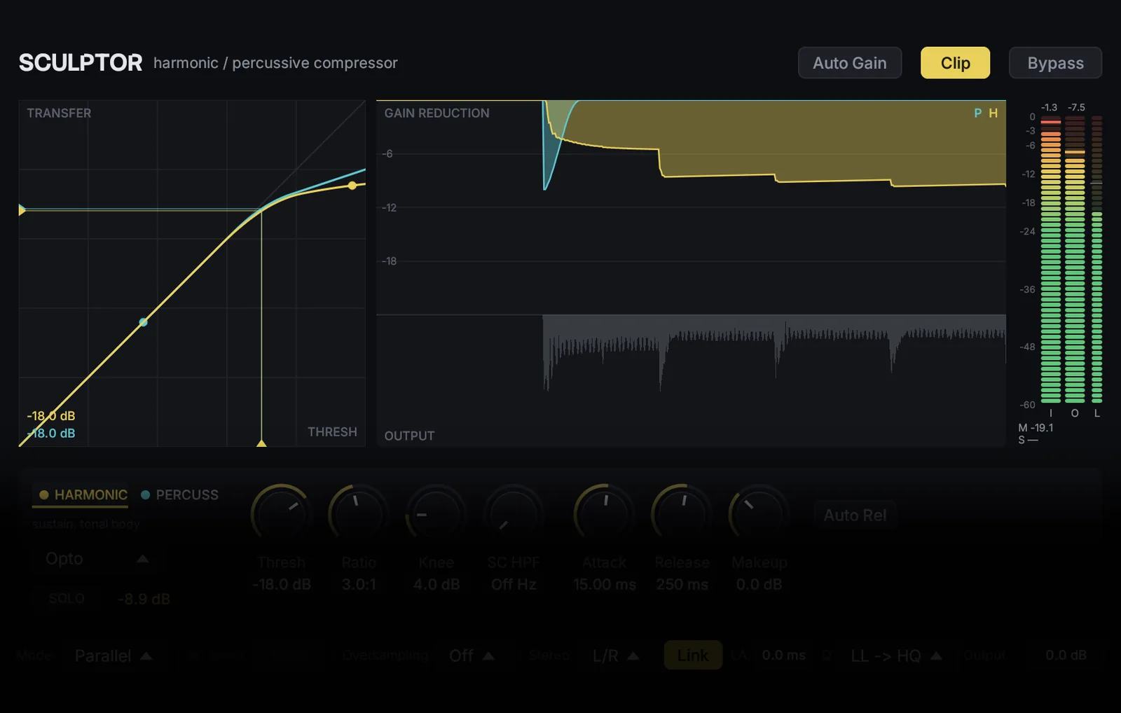 Sculptor plug-in interface — transfer curve and gain-reduction history drawn for the harmonic and percussive halves at once, above one row of per-half compressor controls